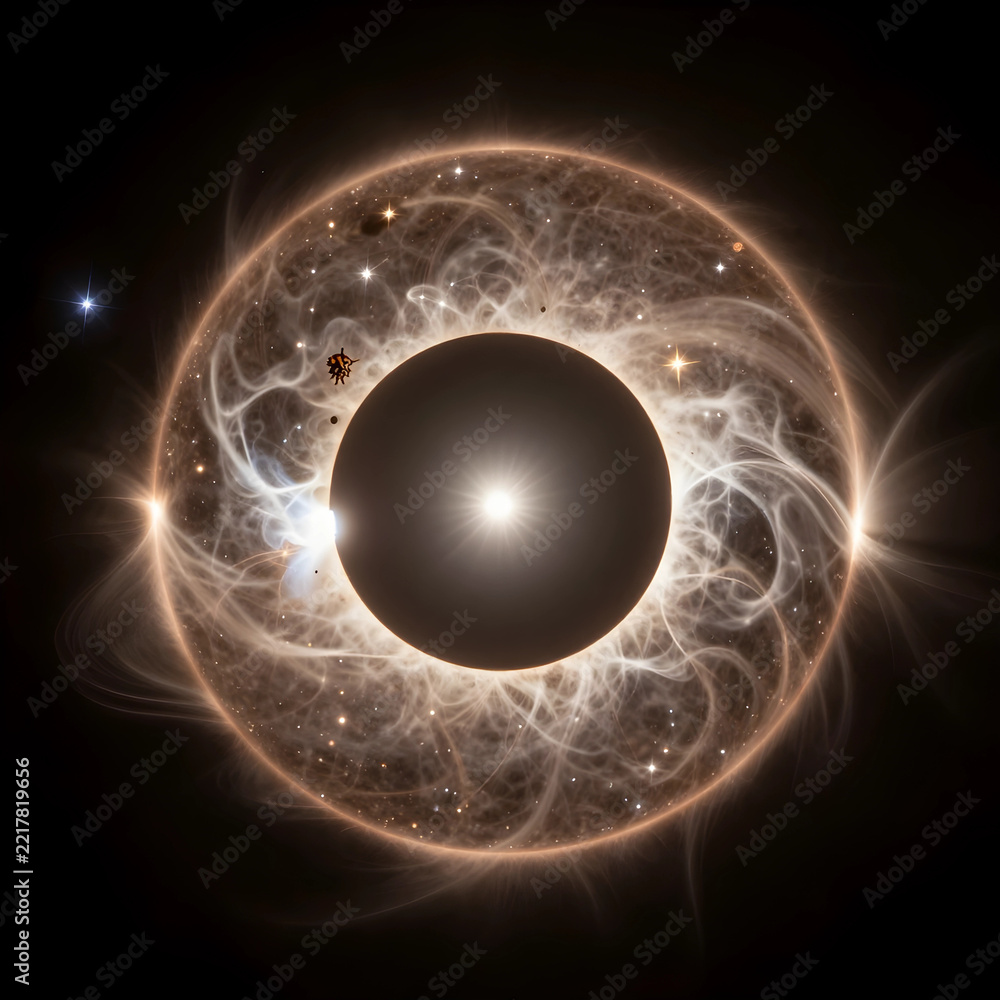 Fototapeta premium Cosmic eclipse and space exploration, abstract galaxy formation with glowing nebula and dark celestial sphere in deep universe for science background