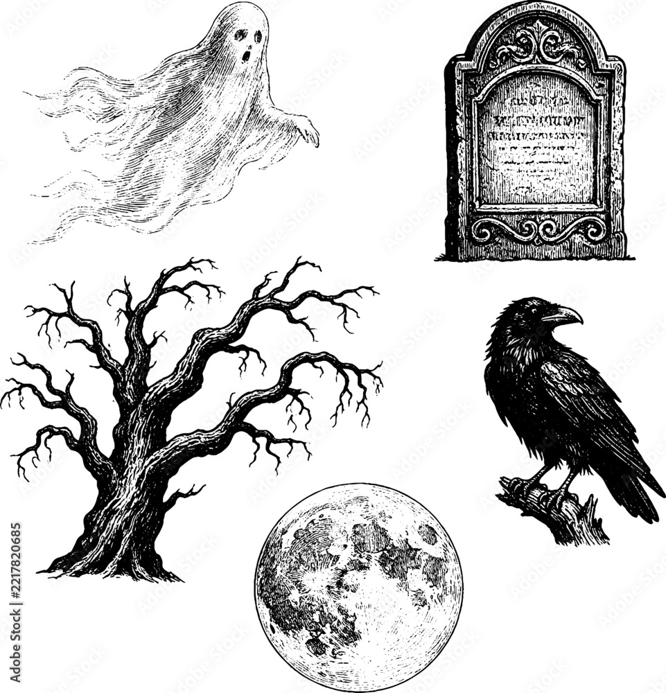 Fototapeta premium Ghost graveyard scene with raven tree and full moon