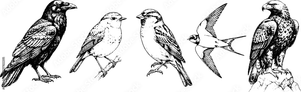 Fototapeta premium Assorted bird species perched and flying on plain background