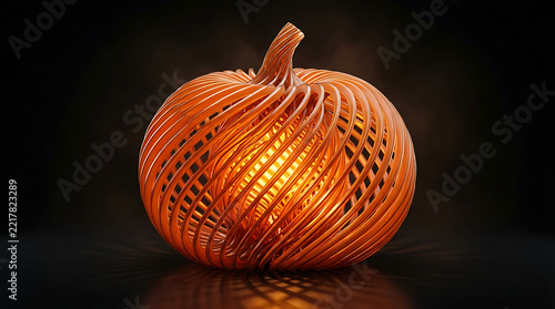 Illuminated orange pumpkin with a swirling pattern against a dark reflective background