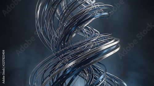 Abstract swirling helix of silver particles against a dark blue background