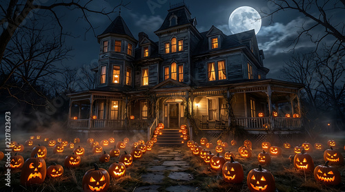 Spooky victorian mansion illuminated by dozens of carved pumpkins under a full moon