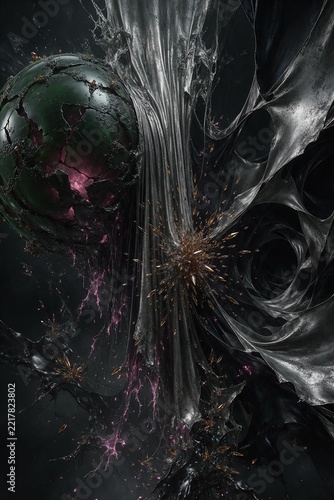 Abstract Dark Futuristic Core with Shattered Metallic Sphere and Liquid Latex Waves
