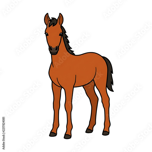 Cute Baby Horse Foal Flat Cartoon Illustration with Black Outline
