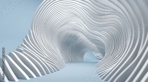 Abstract architectural interior with flowing white curved walls and soft lighting