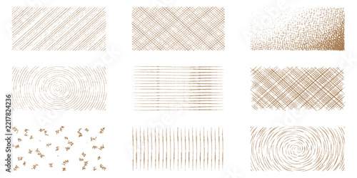 Set of brown hand drawn hatching and crosshatch sketch texture backgrounds vector illustration graphic design.