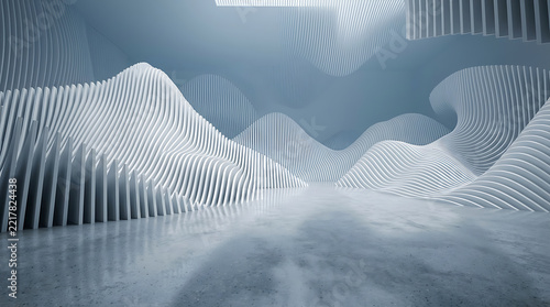 Abstract futuristic landscape with flowing white structures and cool blue tones