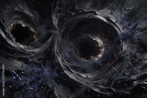 Abstract Cosmic Black Hole Vortex with Shattered Obsidian Stone and Deep Blue Crystals