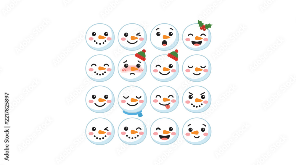 Obraz premium Cute Snowman Faces Emoticon Collection Isolated