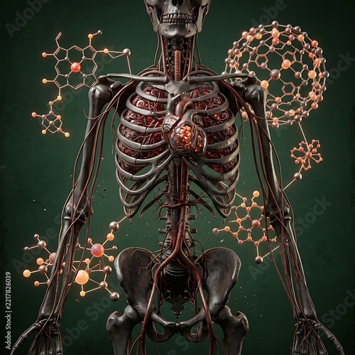Intricate skeleton with glowing floral decorations.