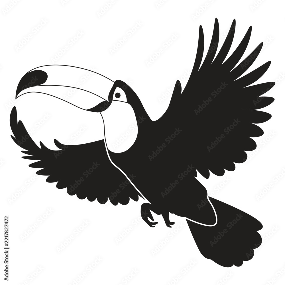 Fototapeta premium Flying Toucan Bird Vector Illustration – Minimalist Black Silhouette Flying Toucan Spread Wings Tropical Bird Logo Graphic