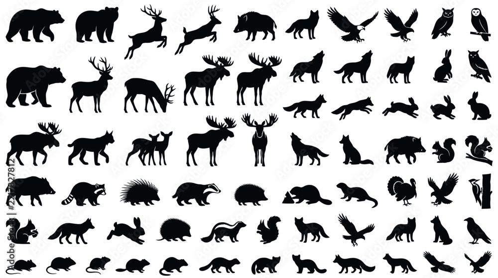 Fototapeta premium Collection of wild animal silhouettes including bears deer wolves owls and foxes for nature and wildlife design projects
