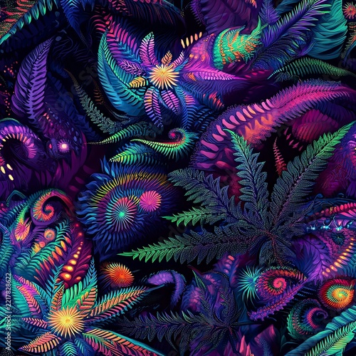 Dark psychedelic seamless pattern featuring glowing cannabis leaves and acid colored fractal foliage
