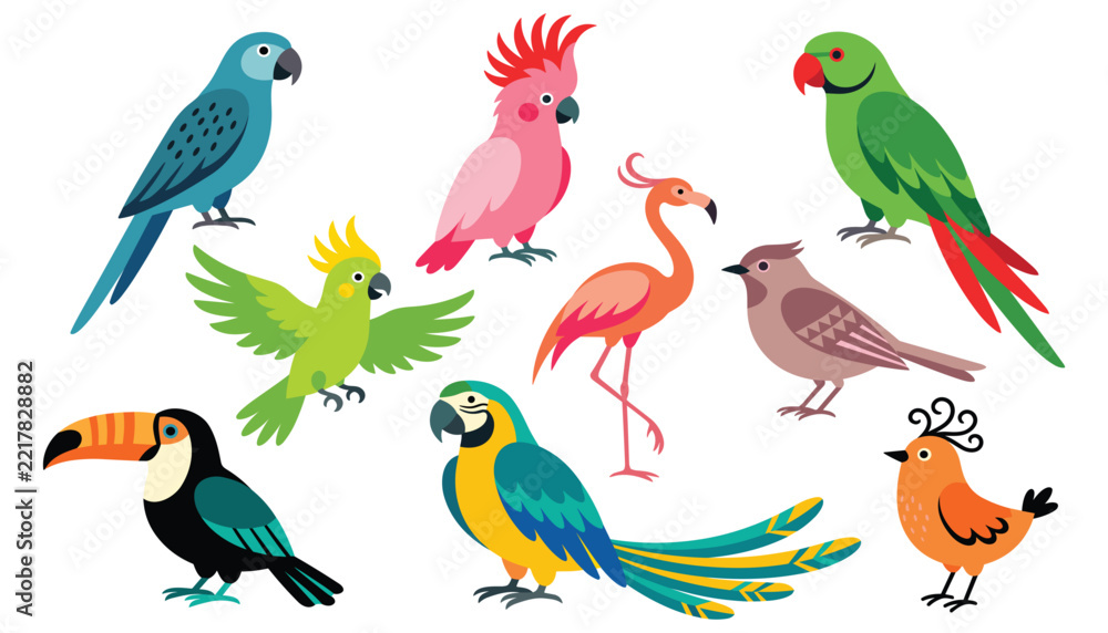 Fototapeta premium Tropical birds vector character collection. Parrot, toucan, flamingo, cockatoo, macaw, colorful feathers, wings and exotic wildlife.