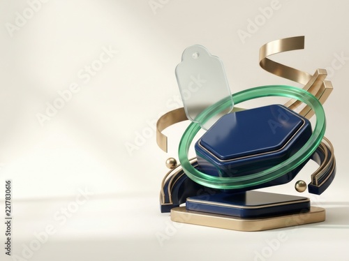 3D rendering of a promotional display with glass and hexagonal platform