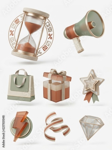 3D rendered promotional icons for seasonal discounts and shopping