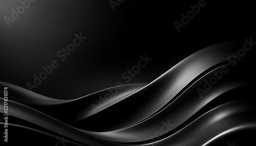 Luxury Abstract Black Background with Smooth Flowing Wavy Lines, Metallic Gloss, Subtle Gradient Light, and Copy Space