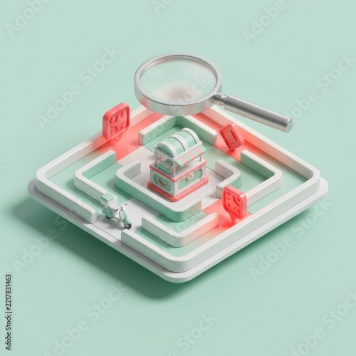 3D rendering of treasure chest surrounded by discount tags and magnifying glass