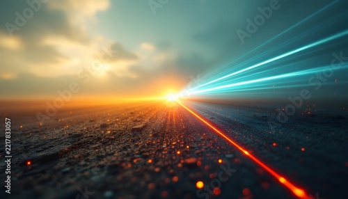 Glowing futuristic light beams extending towards a bright horizon to illustrate concepts of speed, technology, and data transfer. 