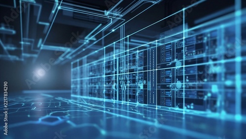 Futuristic server room with glowing network lines and rack hardware, showing digital infrastructure, cloud computing, and secure data connectivity.
