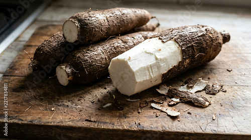 Fresh raw cassava roots, one partially peeled, resting on a rustic wooden cutting board