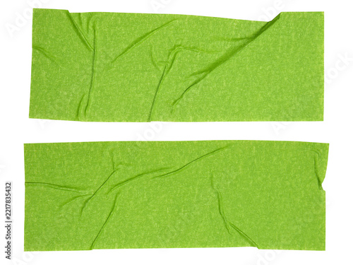 Green Adhesive tape sticky paper masking, glue paper stripes wrinkled tapes band Torn elements, can use decorative for design and scrapbook, isolated on background.
