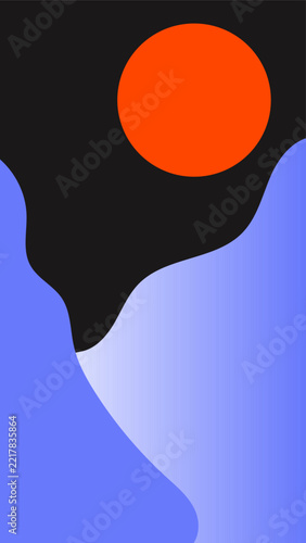 Abstract minimalist landscape vector illustration featuring smooth blue mountain shapes and a bright red sun on a dark background. Modern vertical geometric composition suitable for phone wallpaper, m