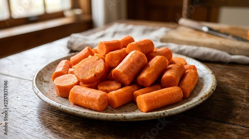 Freshly sliced carrots served in a white bowl.