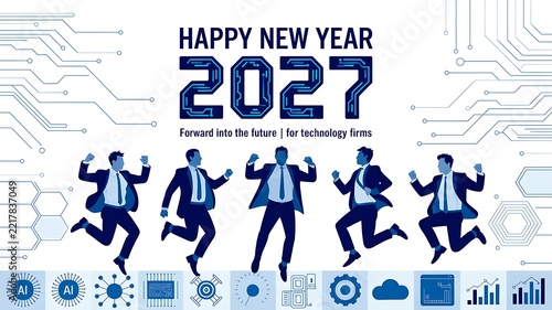 Happy New Year 2027 Digital Business Technology Greeting with AI and Innovation Icons