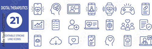 21 Digital Therapeutics Vector Outline Icons Set,Digital Health, Therapy, Telemedicine, Healthcare App and Medical Technology Line Symbols Collection