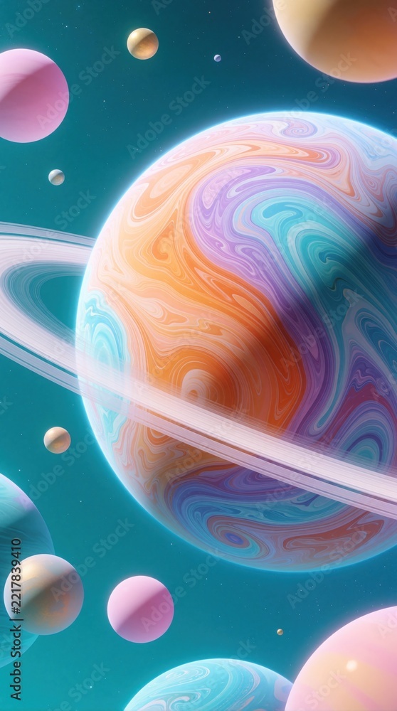 Fototapeta premium Colorful planets float in deep blue cosmic space. Large gas giant with bright rings dominates galaxy scene. Small moons, various celestial bodies drift through dreamy universe. Abstract digital art