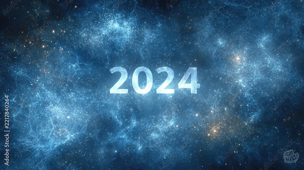Fototapeta premium Happy New Year 2024 Celebration Banner with Glowing Neon Number Typography on Dark Nebula Space