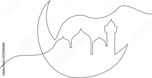 Fotografie Minimalist One Line Mosque and Crescent Moon for Ramadan
