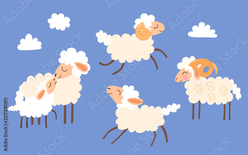 Cute collection of sheep and lamb and clouds on blue sky background