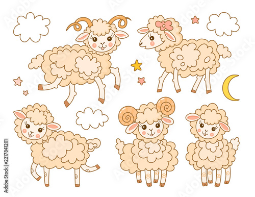 Set of cute sheep and rams on white background.