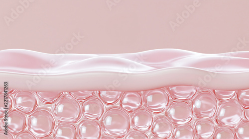 ピンクのなめらかな膜と透明な細胞風球体で表現した肌の保湿バリア概念CG / Smooth pink surface above translucent cell like spheres in a skin hydration barrier concept