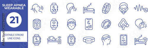 21 Sleep Apnea Wearable Vector Outline Icons Set,Snoring, Sleep Monitoring, CPAP, Smartwatch, Breathing, Oxygen and Sleep Tracking Line Symbols Collection