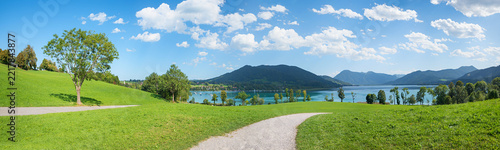 idyllic landscape panorama Gmund Kaltenbrunn, lake Tegernsee. blue sky with clouds