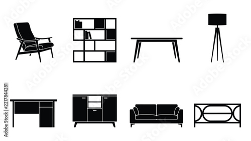 Modern home furniture silhouette icon set featuring a sofa, armchair, table, bookshelf, cabinet, and floor lamp for interior design.