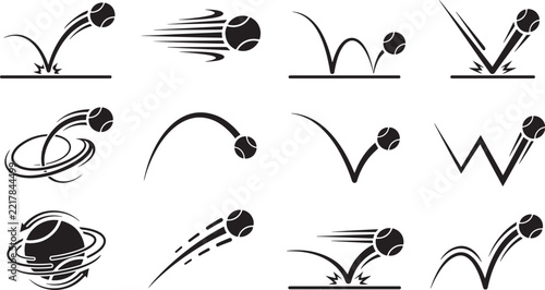 Set of black tennis ball bouncing icons showing motion and speed for