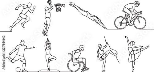 Set of continuous line drawing illustrations featuring various sports