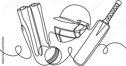 Cricket sport equipment continuous line drawing with bat ball helmet