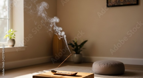 A Moment of Serenity: Incense smoke gracefully curls upwards from a burning stick, creating an ethereal dance in the tranquil ambiance of a serene room, inviting a sense of peace and mindfulness.