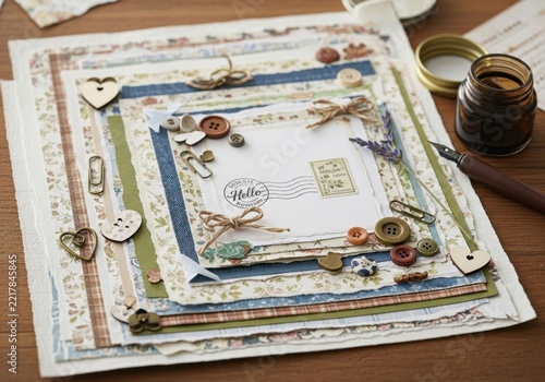 Scrapbooking Delights: A charming collection of handcrafted scrapbook pages, adorned with floral patterns, vintage buttons, twine, and decorative embellishments, laid out on a rustic wooden surface.
