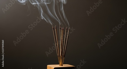 Wisps of Serenity: A cluster of incense sticks smoldering gracefully, releasing delicate tendrils of smoke that curl and drift in the still air, creating an atmosphere of calm and reflection.