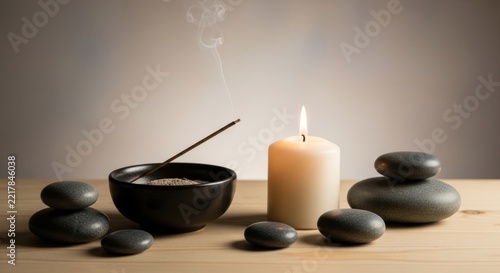 Zen Tranquility: A flickering candle casts a warm glow on smooth, dark stones and a small bowl filled with incense, creating an atmosphere of serene meditation and peaceful relaxation.