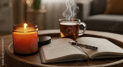 Cozy Moment of Reflection: A warm, glowing candle and a steaming mug of tea sit on a wooden tray next to an open notebook and pen, creating an atmosphere of tranquility and introspection.