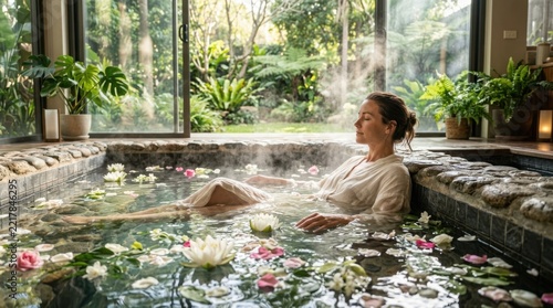 Woman relaxing in a flower-filled hot tub with nature view