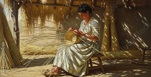 Woman weaving palm leaves in a rustic setting