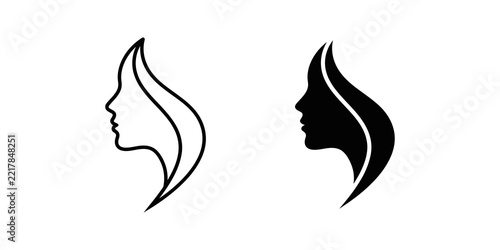 Woman profile silhouette with flowing hair icons on neutral grid surface.